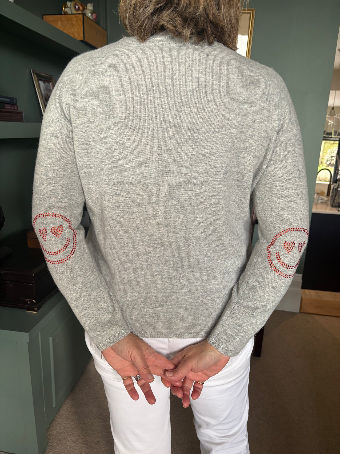 ONLY TWO LEFT - Grey boxy crew neck with orange diamante smiley face elbow patches