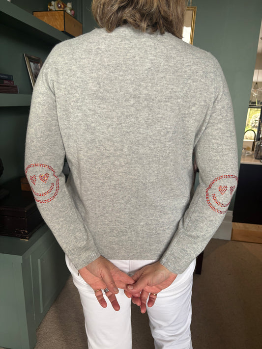 ONLY ONE LEFT - Grey boxy crew neck with orange diamante smiley face elbow patches