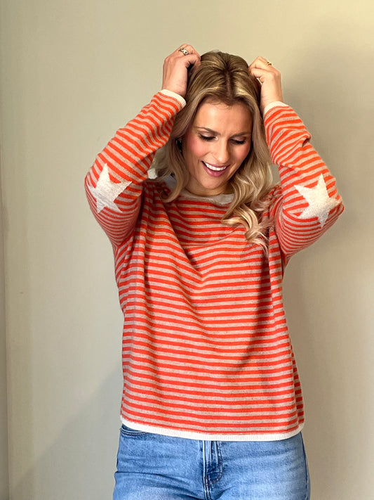 Orange and camel striped boxy crew neck with star intarsia elbows