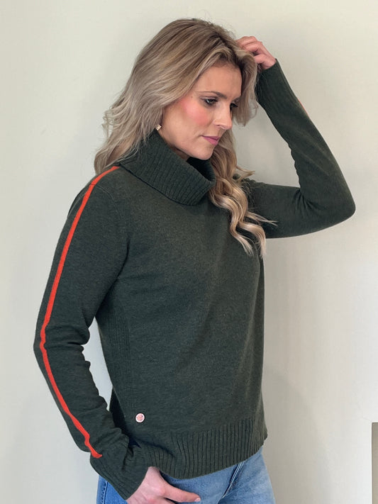 Olive green rib detail roll neck with orange stripe intarsia detail down the arms