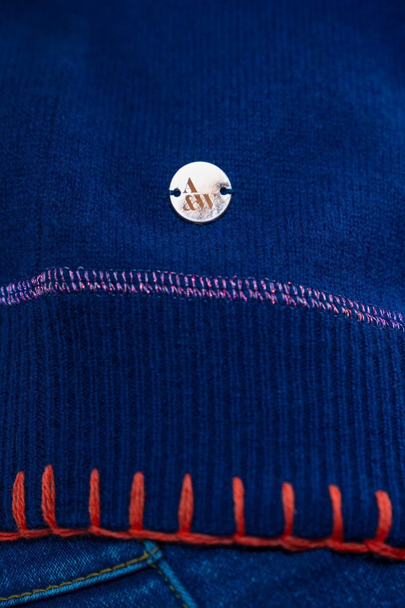 Navy raglan sleeve blanket stitch detail sweatshirt