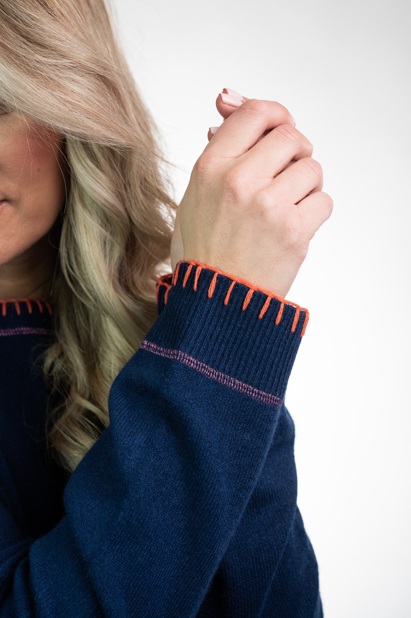 Navy raglan sleeve blanket stitch detail sweatshirt