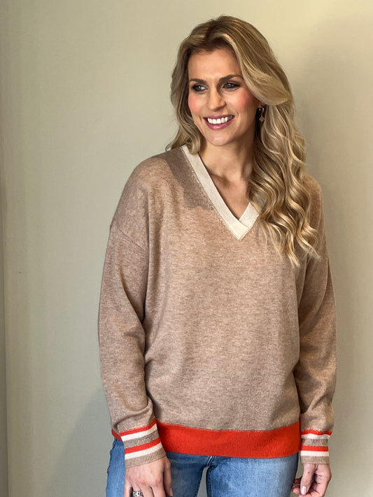 Camel colour block detailed boyfriend v-neck sweater with contrast in cream and orange stripes around the cuff collar and hem