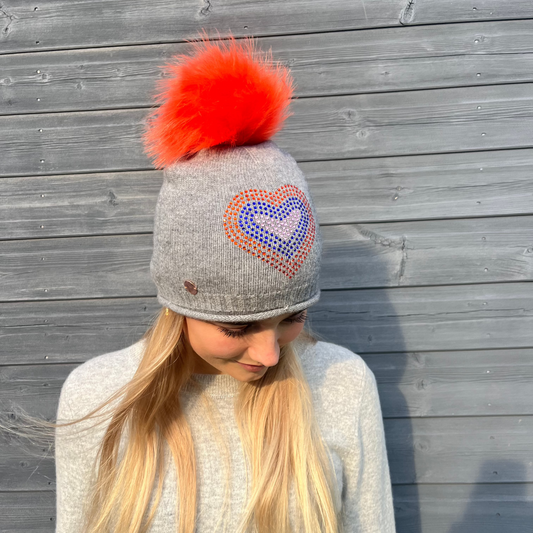 Grey cashmere plain knit beanie with heart embellishment & faux fur pom