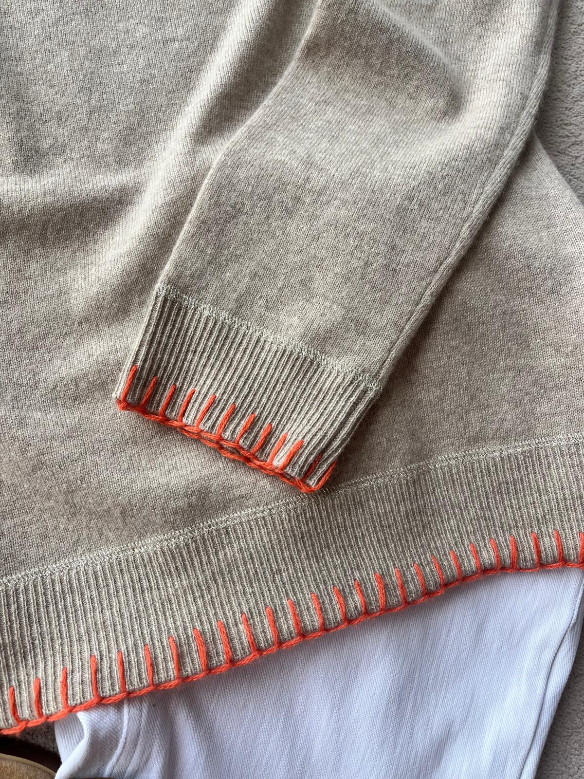 Oatmeal raglan cashmere sweatshirt with orange contrast blanket stitch detail