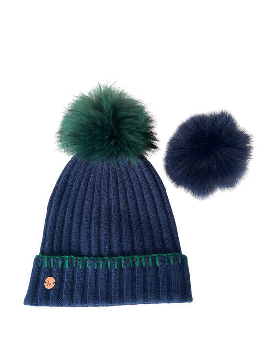 100% Cashmere rib beanie with contrast blanket stitch detail & fur pom