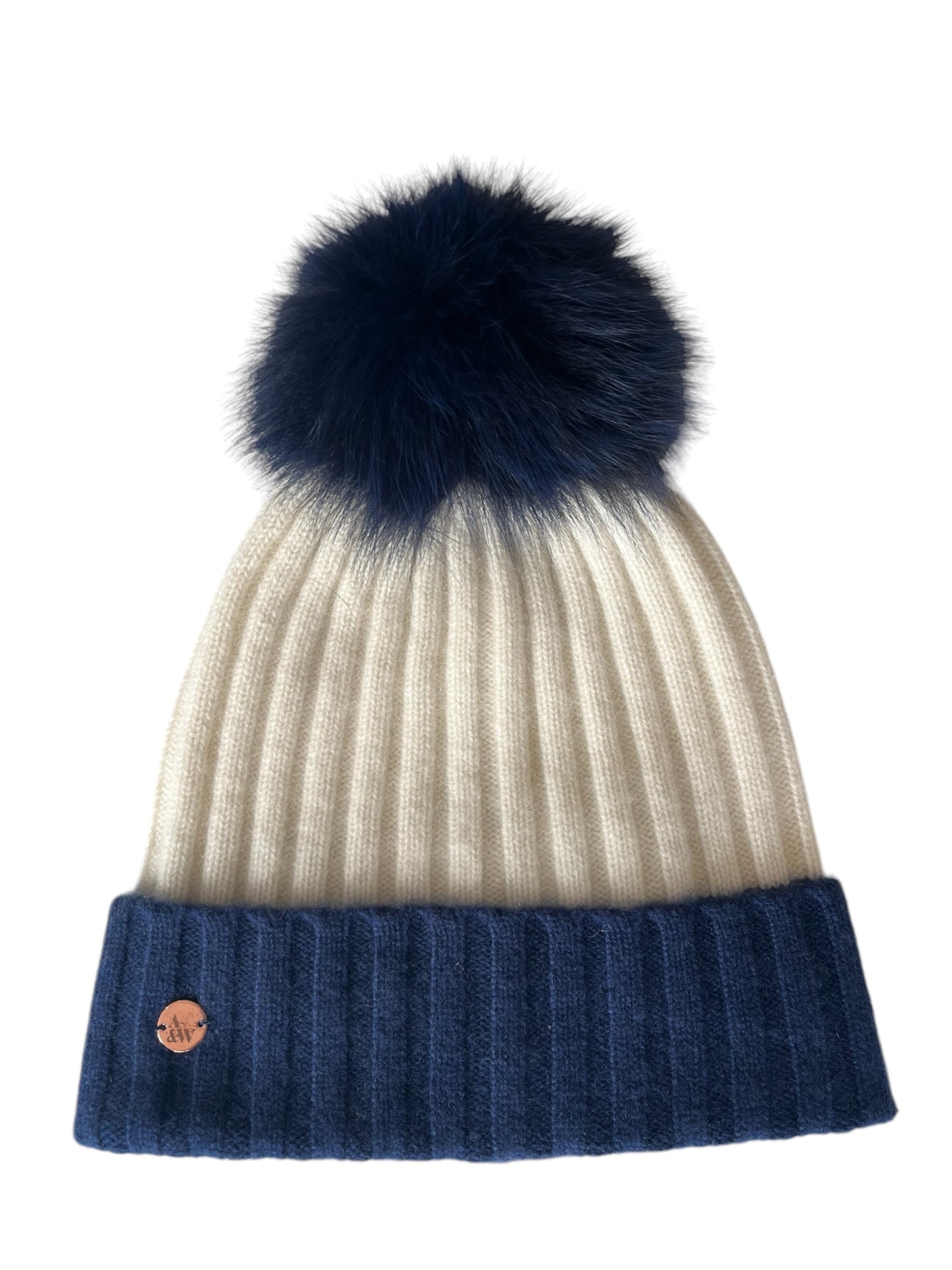 100% Cashmere rib colour block beanie with fur pom