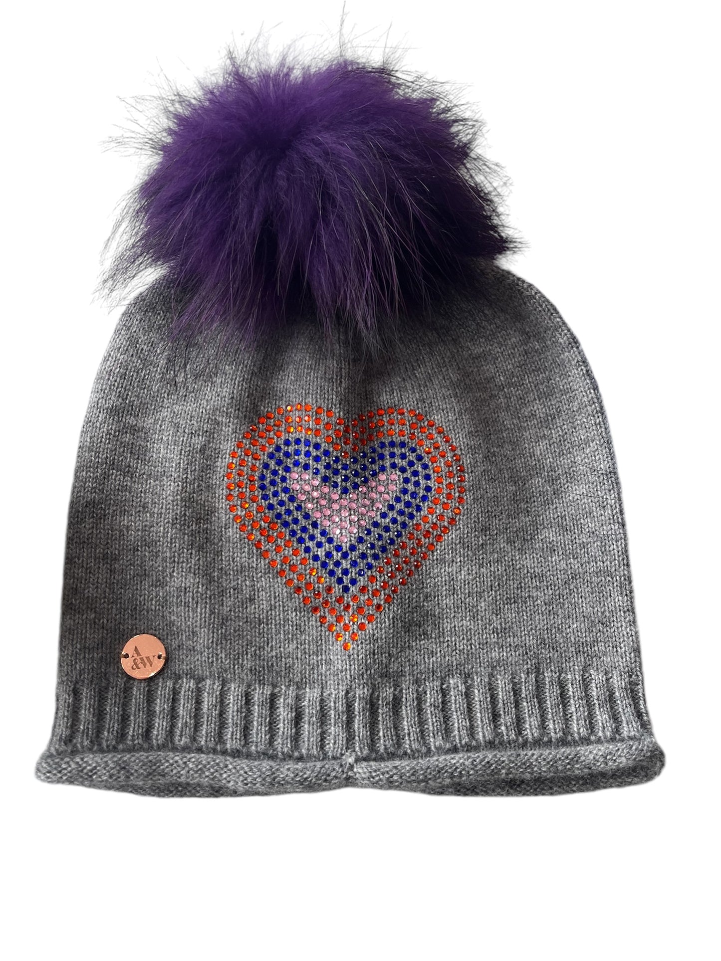 Grey cashmere plain knit beanie with heart embellishment & fur pom