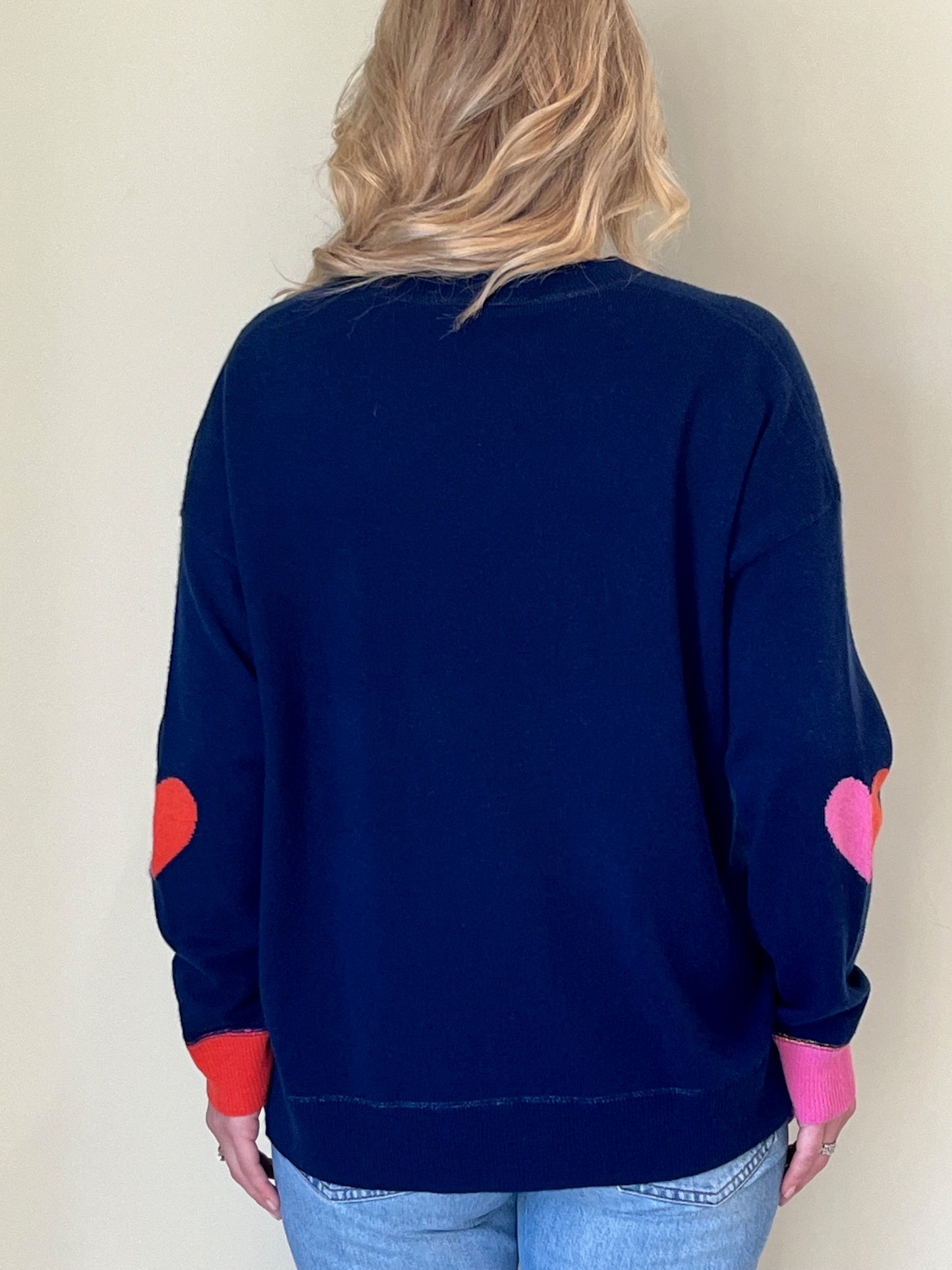 Classic navy boyfriend v-neck sweater with heart intarsia elbows